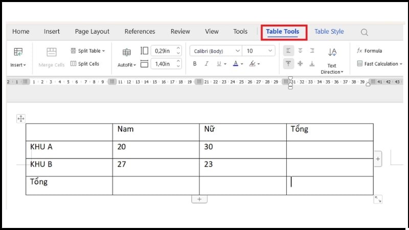 Bước 1 tại mục Table Tools (Công cụ Bảng), bạn vào tab Layout Bước 1 tại mục Table Tools (Công cụ Bảng), bạn vào tab Layout