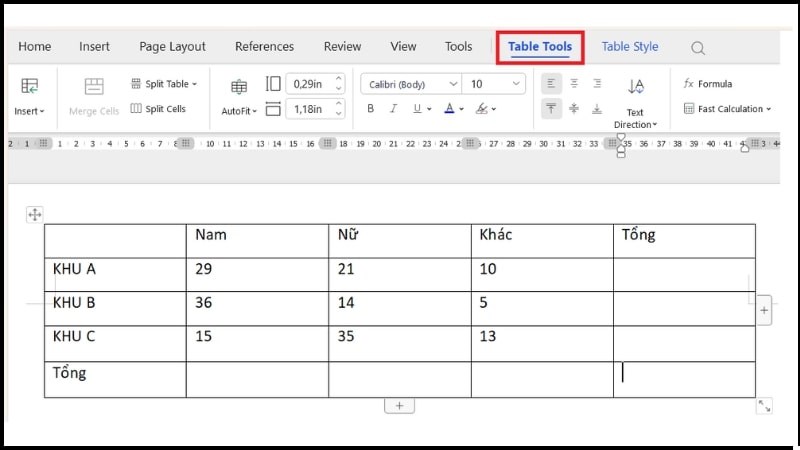 Bước 1 tại mục Table Tools (Công cụ Bảng), bạn vào tab Layout Bước 1 tại mục Table Tools (Công cụ Bảng), bạn vào tab Layout