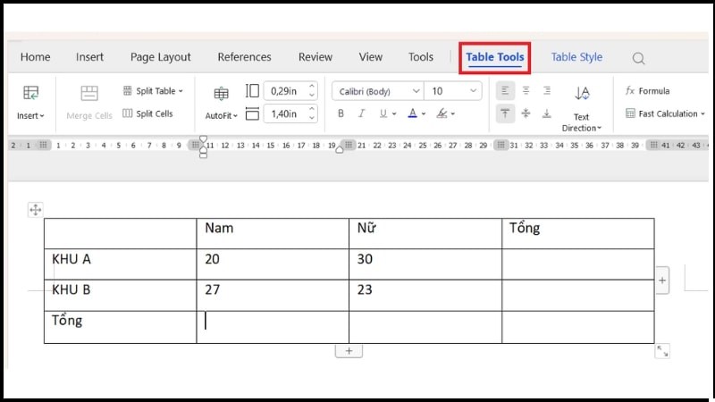 Bước 1 tại mục Table Tools (Công cụ Bảng), bạn vào tab Layout Bước 1 tại mục Table Tools (Công cụ Bảng), bạn vào tab Layout