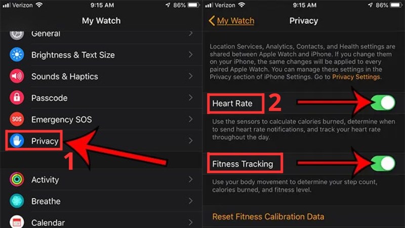 z Chọn Privacy > Gạt tắt Heart Rate và Fitness Tracking