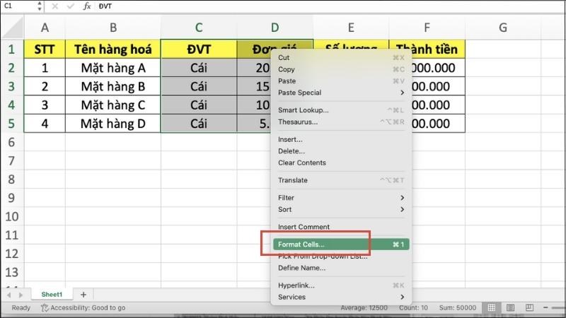 Nhấn chuột phải > Chọn Format Cells