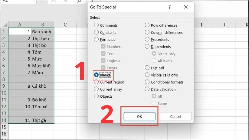 Chọn Blanks > Nhấn OK
