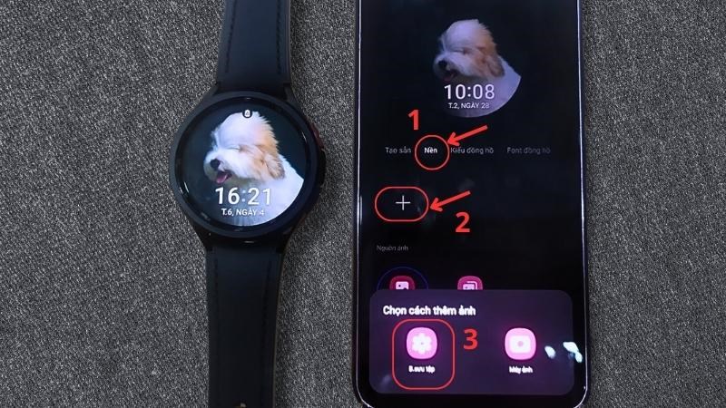 Chọn mục Nền > Nhấn vào dấu + > Bạn có thể chọn ảnh từ Bộ sưu tập Chọn mục Nền > Nhấn vào dấu + > Bạn có thể chọn ảnh từ Bộ sưu tập