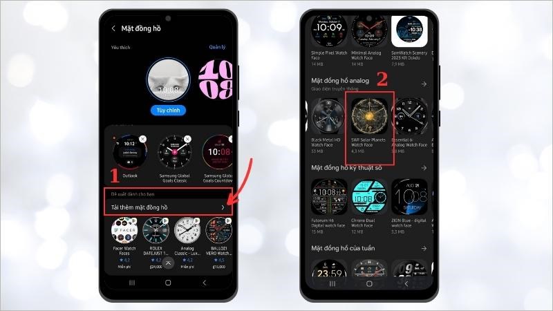 Lướt xuống tìm và chọn mục Tải thêm mặt đồng hồ > Chọn mẫu mặt đồng hồ bạn thích