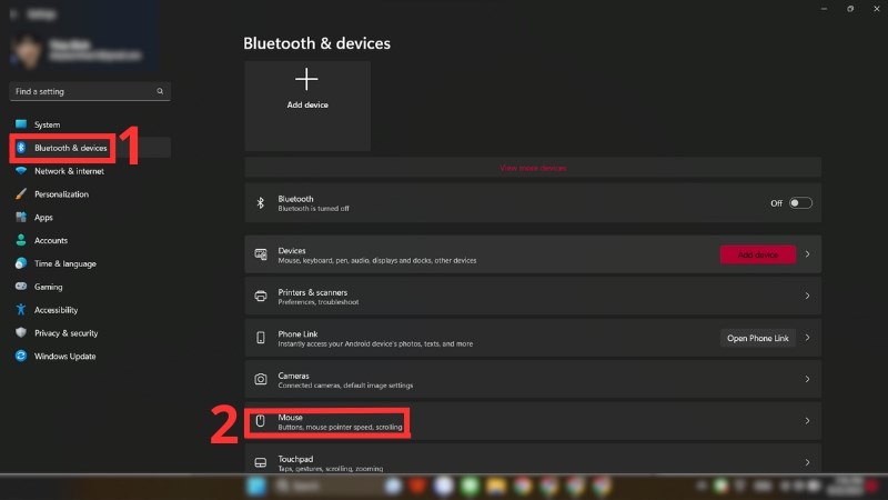 z Chọn Bluetooth & devices > Mouse
