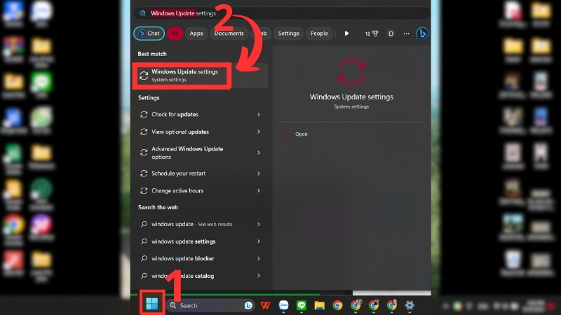 Start menu > Nhập và tìm kiếm Windows Update setting Start menu > Nhập và tìm kiếm Windows Update setting