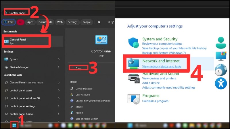 Mở Control Panel > Chọn Network & Internet > Chọn View network status and tasks Mở Control Panel > Chọn Network & Internet > Chọn View network status and tasks