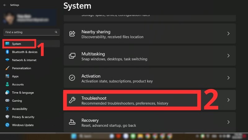 Settings > Sytems > Chọn Troubleshoot Settings > Sytems > Chọn Troubleshoot