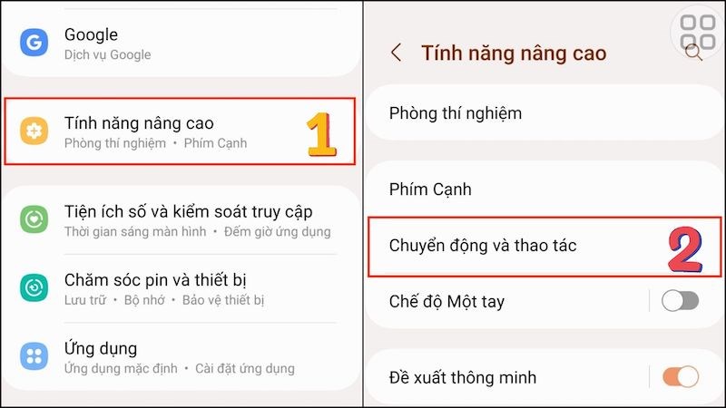 Vào tính năng nâng cao và chọn chuyển động và thao tác