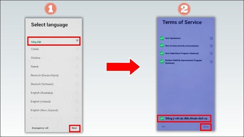 Chọn ngôn ngữ Tiếng Việt và đồng ý với điều khoản dịch vụ