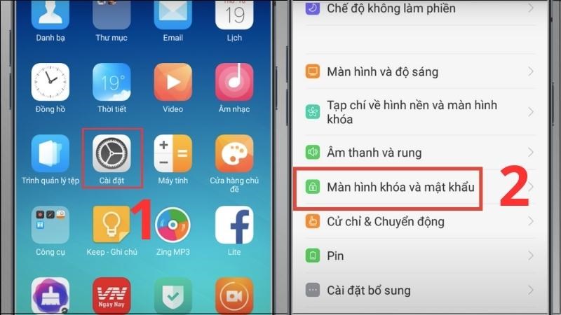 Vào Cài đặt rồi chọn Màn hình khoá và mật khẩu