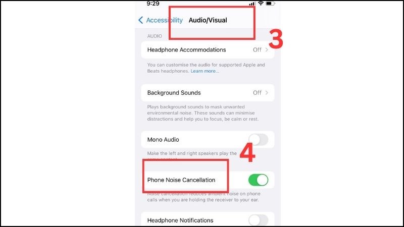 Vào mục Audio/Visual, nhấn chọn Phone Noise Cancellation