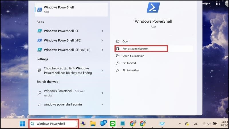 Tìm kiếm Windows Powershell trong thanh tìm kiếm taskbar