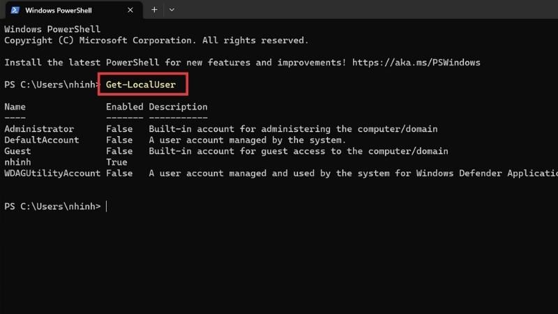 Nhập câu lệnh “Get-LocalUser” và ấn Enter