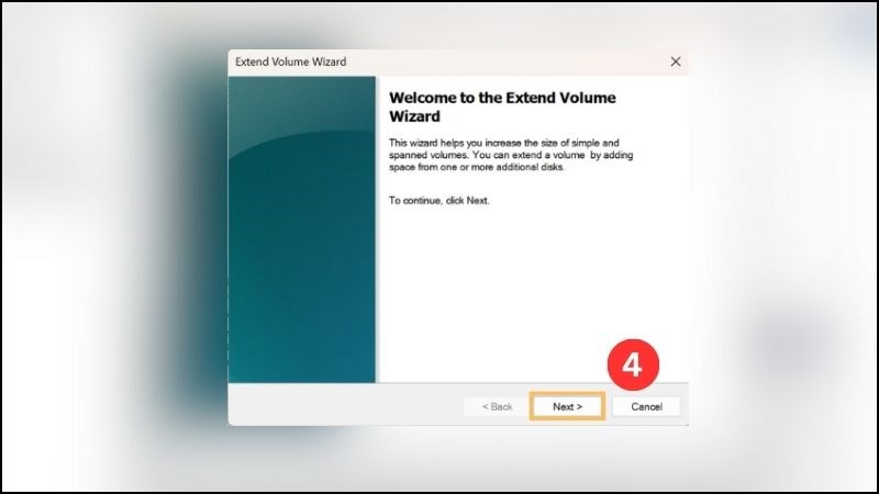 Tại mục Extend Volume Wizard, chọn Next