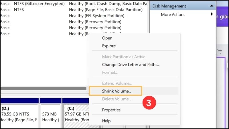 Nhấn chuột phải, chọn Shrink Volume
