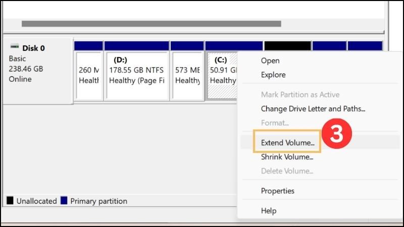 Nhấn chuột phải vào ổ cứng mới tạo và chọn Extend Volume