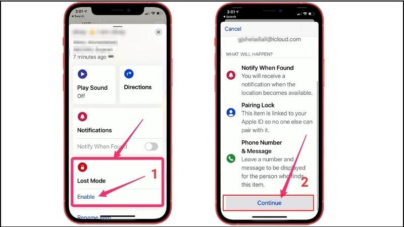 Chọn Enable (Bật) ở bên dưới Lost Mode (Chế độ mất) > Nhấn chọn Continue (Tiếp tục) 