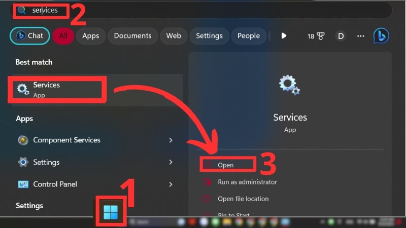 Gõ services.msc để mở mục Services 