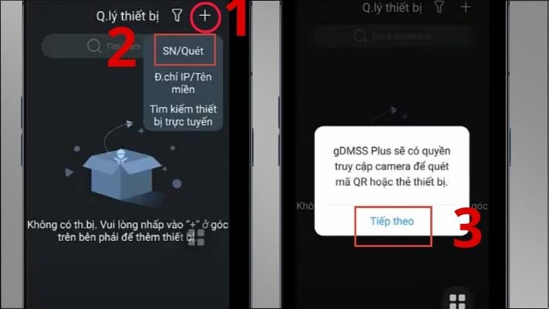 Chọn biểu tượng dấu cộng > Chọn SN/Quét > Chọn Tiếp theo