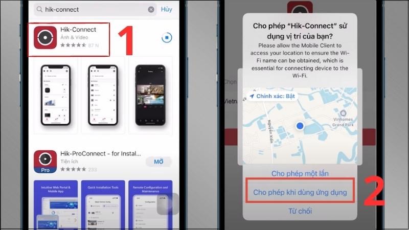 Tải ứng dụng Hikvision > Chọn Cho phép khi dùng ứng dụng