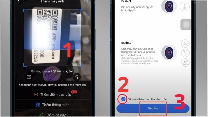 Quét mã QR dưới đáy camera > Click chọn như hình và chọn Tiếp tục