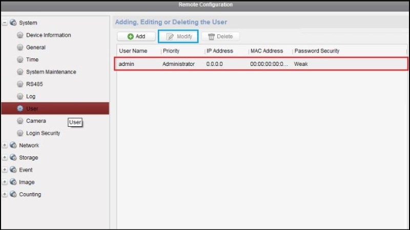 z Chọn vào mục User > Chọn thông tin đăng nhập camera WiFi > Chọn Modify