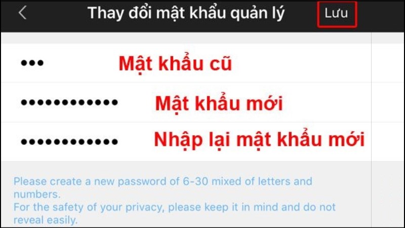 z Cuối cùng tiến hành nhập mật khẩu cũ và mật khẩu mới