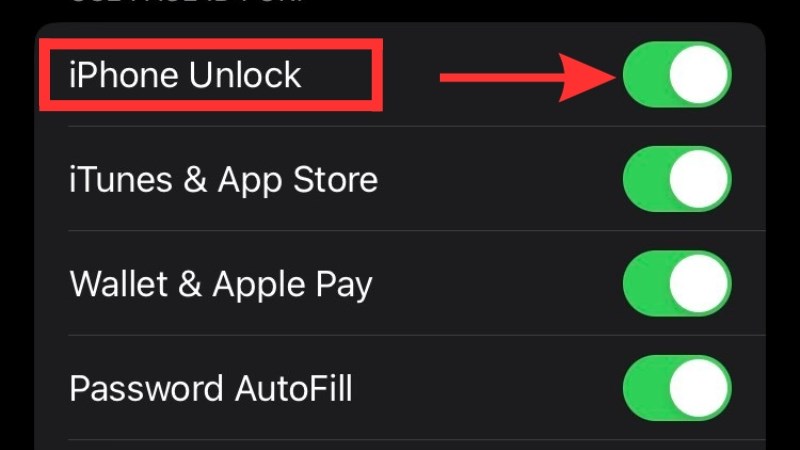 z Bật lại tính năng iPhone Unlock (Mở khóa iPhone bằng Face ID) bằng cách gạt công tắc sang phải.