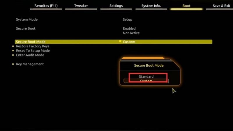 Cài đặt lại chế độ Standard tại Secure Boot Mode
