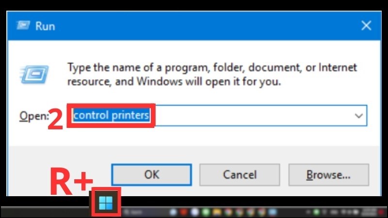 Nhấn tổ hợp phím Win + R để mở hộp thoại Run và gõ control printers