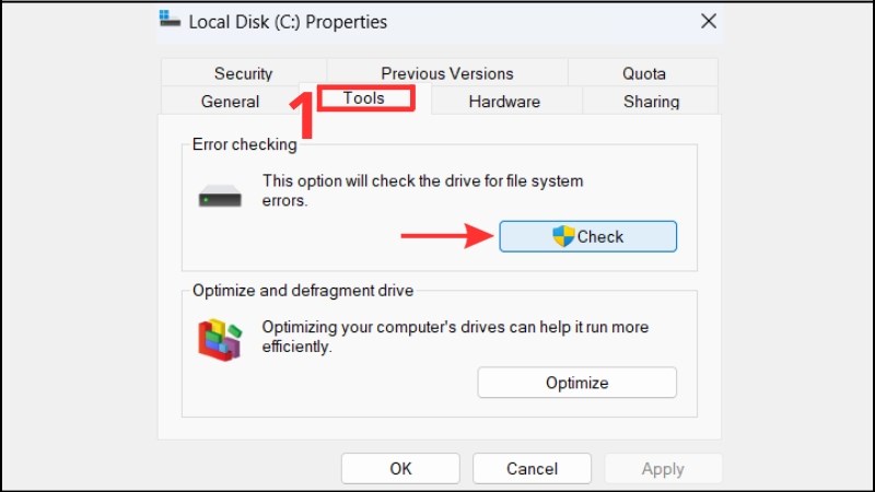 Trong cửa sổ Properties, chọn tab Tools, sau đó nhấn Check Chọn tab Tools, sau đó nhấn Check