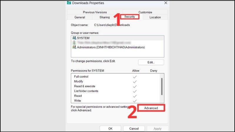 Chọn tab Security, sau đó nhấn Andvanced Chọn tab Security, sau đó nhấn Andvanced
