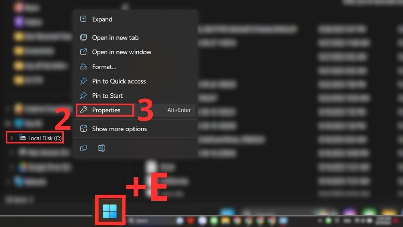 Mở File Explorer bằng tổ hợp phím Windows + E. Chuột phải vào ổ C và chọn Properties Mở File Explorer và chọn Properties