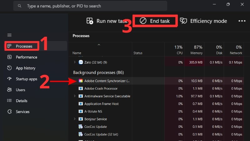 Trong cửa sổ Task Manager, chọn tab Details (hoặc Processes) Chọn tab Details (hoặc Processes)