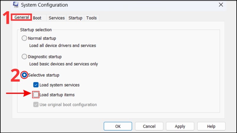 Trong tab General, chọn Selective startup và bỏ tích Load startup items Chọn Selective startup và bỏ tích Load startup items