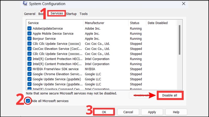 Chuyển sang tab Services, tích vào ô Hide all Microsoft services và chọn Disable All Tích vào ô Hide all Microsoft services và chọn Disable All