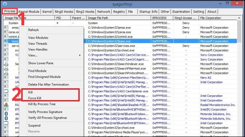 Chuột phải lên tiến trình bạn muốn xóa và chọn Forcekill And Delete Chọn Forcekill And Delete