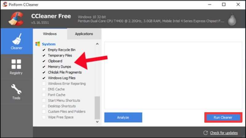 Chọn loại tệp tin bạn muốn xóa và CCleaner sau đó nhấn Run Cleaner Chọn CCleaner sau đó nhấn Run Cleaner