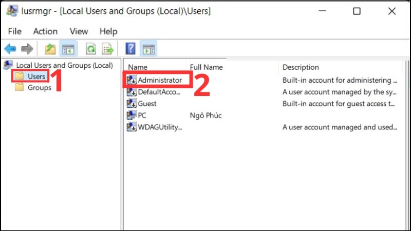 z Chọn Users > Double-click vào tài khoản Administrator