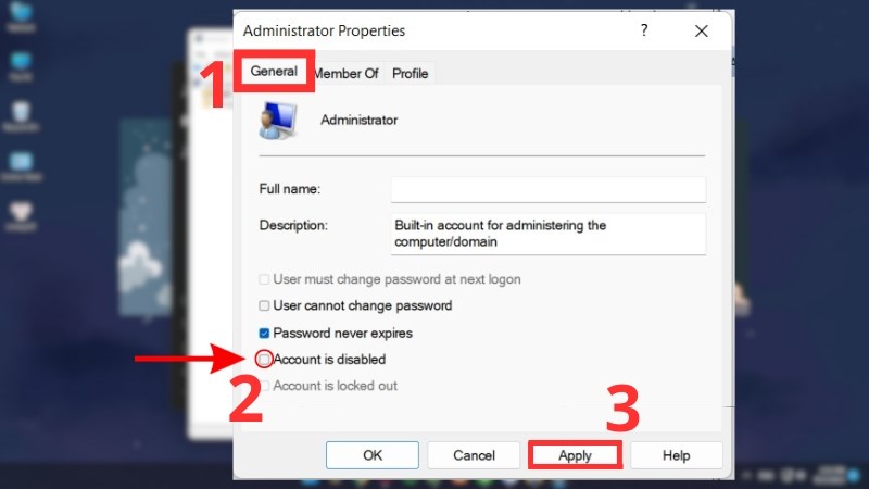 z Bỏ chọn Account is disabled