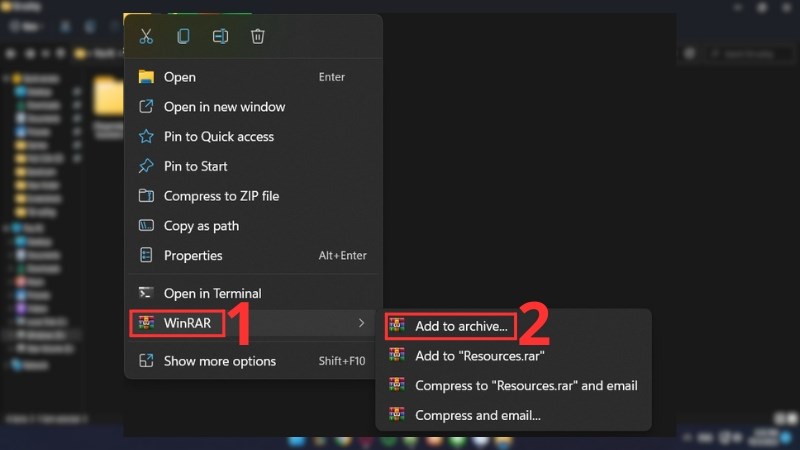 Chuột phải lên thư mục cần xoá > Chọn WinRAR > Add to Archive Chọn WinRAR > Add to Archive