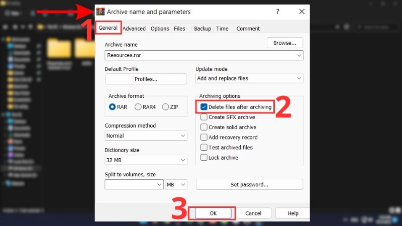 z Chọn Delete files after archiving