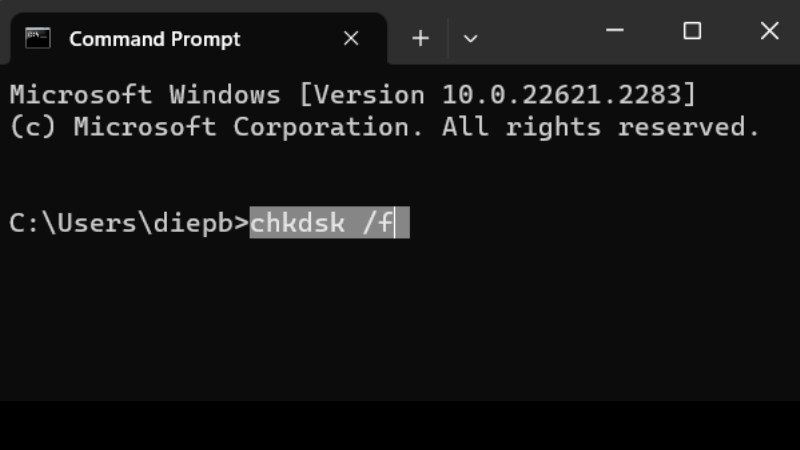 Trong Command Prompt, nhập và nhấn Enter cho dòng lệnh chkdsk /f Nhập và nhấn Enter cho dòng lệnh chkdsk /f