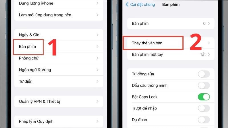 Chọn mục Bàn phím > Chọn mục Thay thế văn bản Chọn mục Bàn phím > Chọn mục Thay thế văn bản