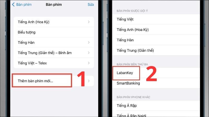 Chọn mục Thêm bàn phím mới > Chọn vào LabanKey Chọn mục Thêm bàn phím mới > Chọn vào LabanKey