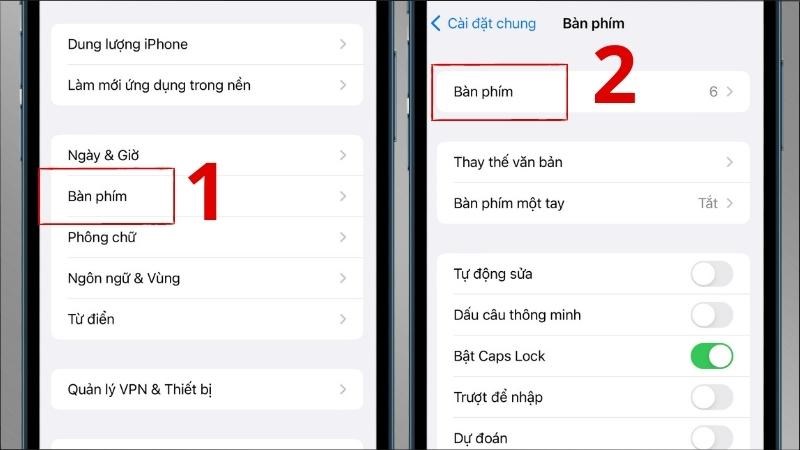 Chọn mục Bàn phím > Chọn tiếp vào mục Bàn phím Chọn mục Bàn phím > Chọn tiếp vào mục Bàn phím