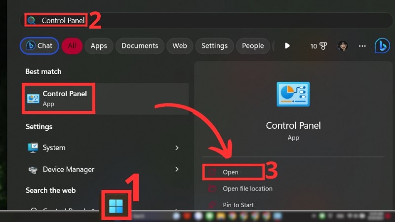 Bấm Start, gõ cụm từ Control Panel và chọn kết quả trên cùng