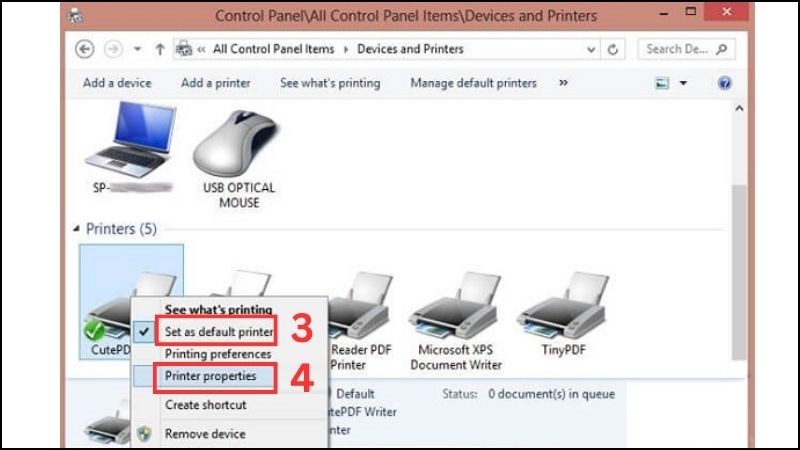 Chọn Set as default printer và Printer Properties Chọn Set as default printer và Printer Properties