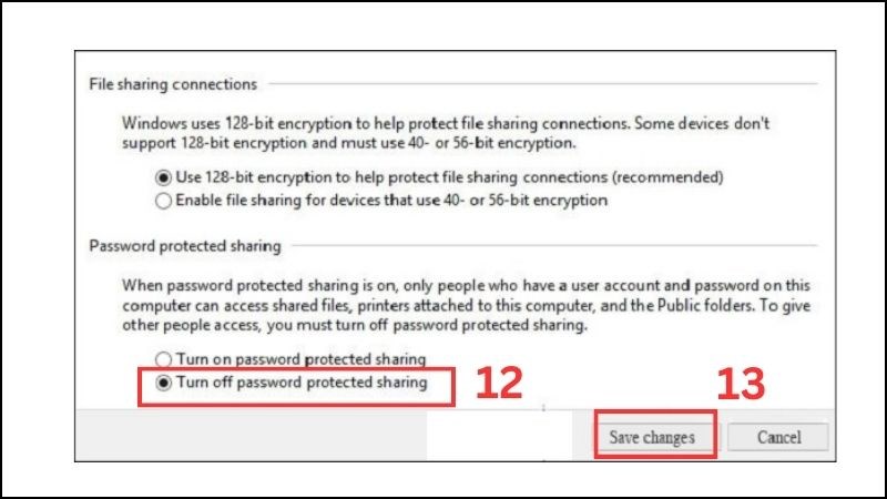 Nhấn chọn Turn off password protected sharing và bấm Save changes Nhấn chọn Turn off password protected sharing và bấm Save changes